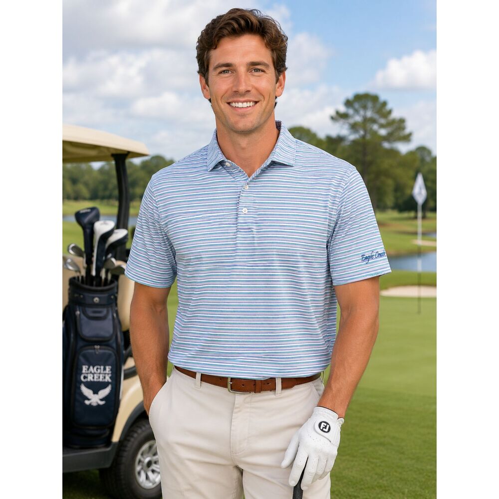 Peter Millar Summer Comfort Eagle Creek Golf Polo Shirt Men’s L Blue Pink Stripe